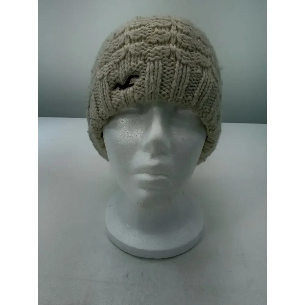 Hollister Vintage Y2K Ivory Cable Knit Beanie Wool Rabbit Hair Blend One Size